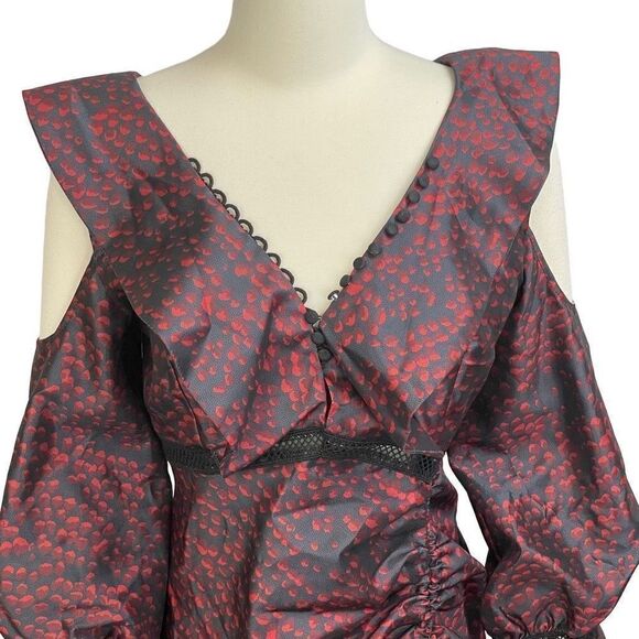 Beulah Red Black Stunning Runway Ruffle V-neck Dress Size L - Picture 3 of 14